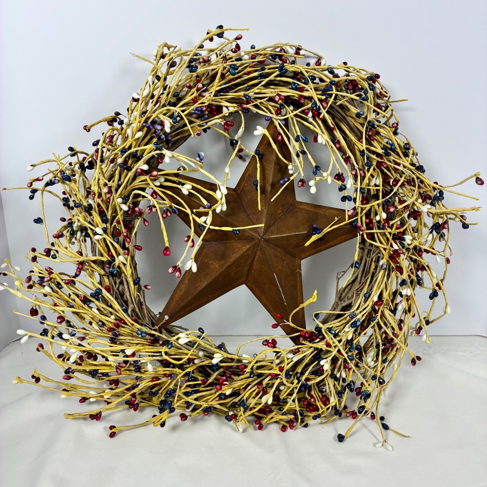 Wreath Americana Pip Berry Metal Barn Star Patriotic Farmhouse Primitive Rustic